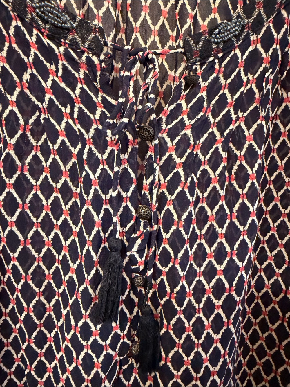 Lucky Brand Boho Geometric Diamond
Tassel Sheer Peasant Blouse - Size XL. EUC - Picture 5 of 12
